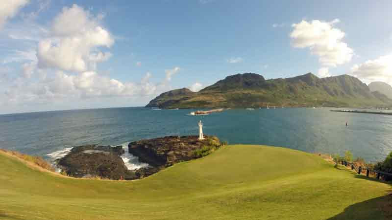 The approach to the fun 16th hole at Kauai Lagoons